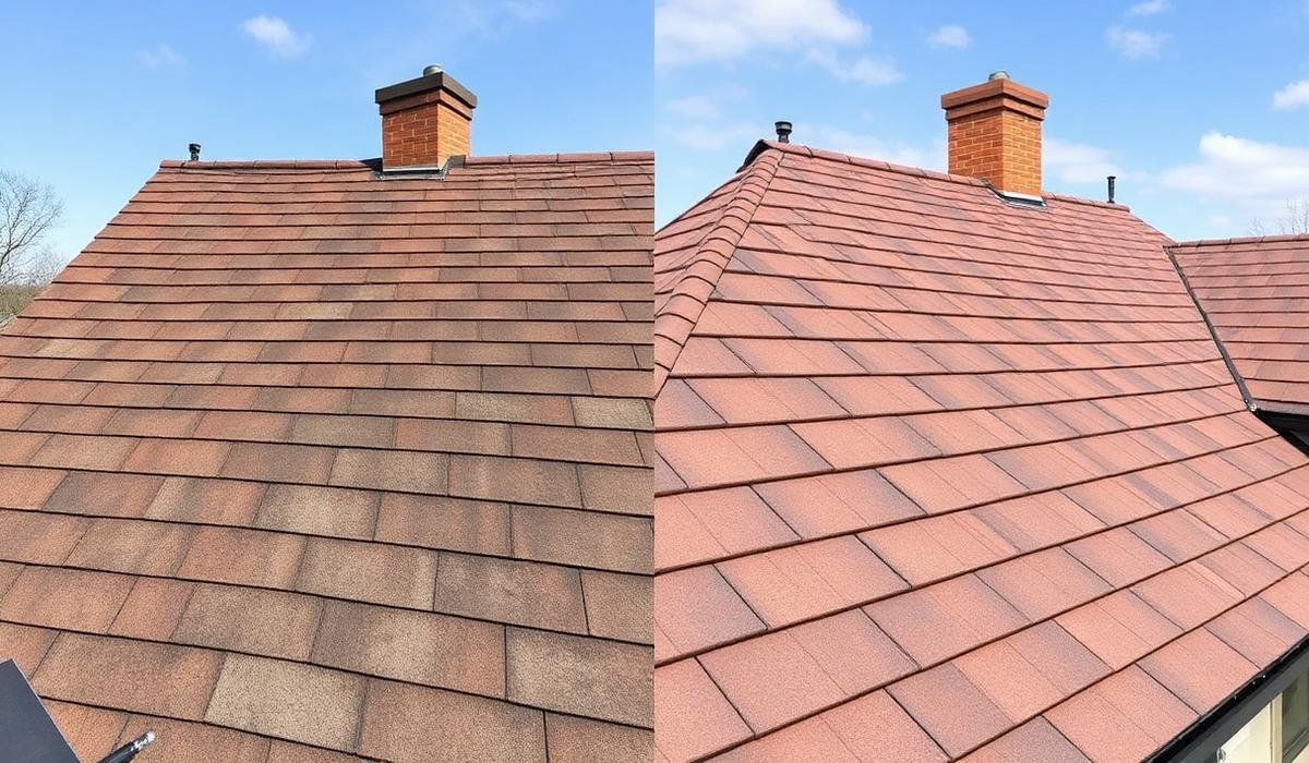 Side by side comparison of an aging asphalt shingle roof and a newly installed one