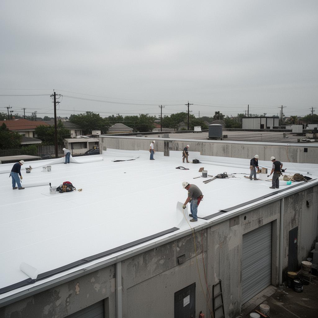 Commercial flat TPO roof installation by BH Roofing NOLA on a New Orleans warehouse